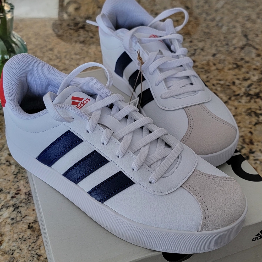 Kids Adidas White and Navy Sneakers